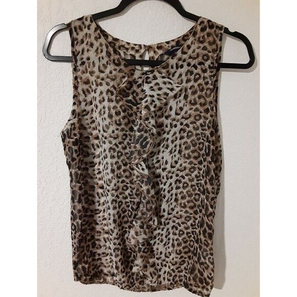 Womens Reitmans Top Size S/P Sheer Animal Print Back Button Sleeveless Ruffle - Picture 1 of 6